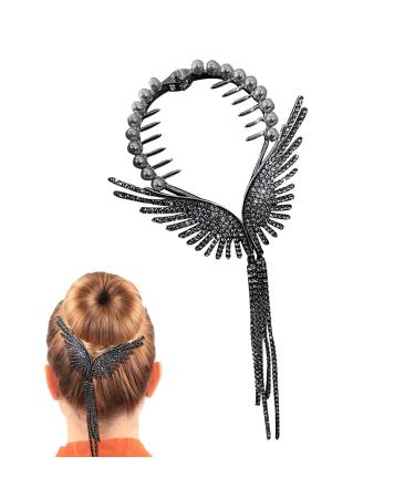 Hair Barrettes Vintage Tassel Claw Clips - Wings Tassel Hair Clips Tassel Crystal Hairpins Bridal Sparkly Rhinestone Fringe Barrettes Angel Wing Ponytail Chain Jewelry Headpieces Buogint Black
