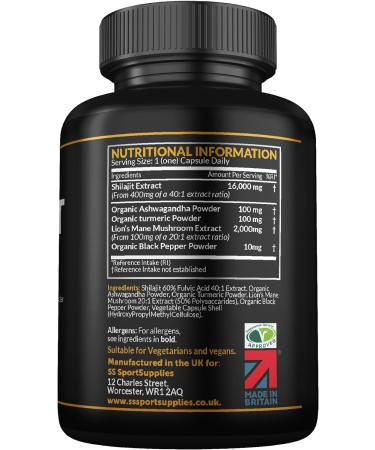 Shilajit Capsules 16 000mg - 60% Fulvic Acid (from 400mg 40:1 Extract Ratio) - Added Ashwagandha Turmeric Lions Mane and Black Pepper - High Strength Himilayan Shalajit Resin - 120 Capsules - Buy Online on GoSupps.com
