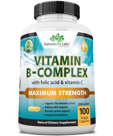 Vitamin B Complex with Vitamin C and Folic Acid - B12 B1 B2 B3 Vitamin B5 Pantothenic Acid B6 B7 B9 - Nervous System Support  Supports Energy Metabolism Non-GMO- 100 Veggie Capsules