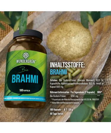 Wundergr n Organic Brahmi Capsules - 180 Vegan Bacopa Monnieri Capsules | 600mg Each 1200mg Daily Dose | Organic Certified Herbal Supplement - Buy Online on GoSupps.com