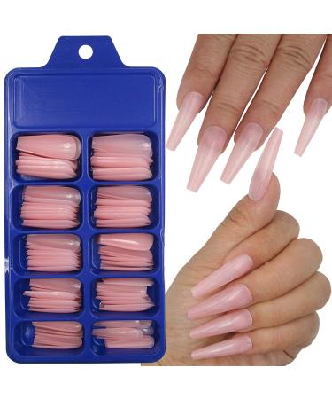 Nude Pink Long Coffin False Nails - 100pc Colored Acrylic Tips for Women & Girls | Press on Ballerina Shape Manicure DIY - Buy Online on GoSupps.com