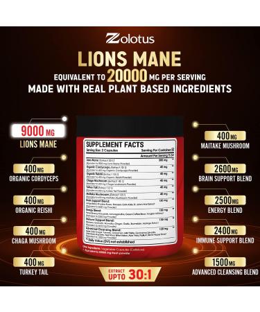 Lions Mane Mushroom 20000mg Capsules with Cordeyceps, Reishi, Elderberry, Panax Ginseng - 35-in-1 Brain & Immune Support (120 Capsules) - Buy Online on GoSupps.com