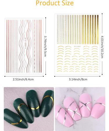 EBANKU 12 Sheets Gold Silver Metal Nail Stickers Metallic Curve Strip Line Nail Decal Self-Adhesive 3D Wave Design DIY Decoration for Women Girls - Buy Online on GoSupps.com