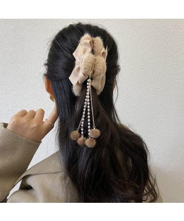 Furry Big Bow Hair Clips 4 Pack with Pearl Pendant - Non-slip Hair Claw Accessories for Women & Girls - Ideal for Thinner to Thick Hair Styling - Buy Online on GoSupps.com