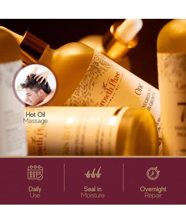 Growth Phase Hair Oil Serum - 100% Natural with Castor, Onion, Fenugreek, Amla Oils and Caffeine - Hair Loss Solution for Fast Growth and Thickness Boost - Beard & Edge Growth - Buy Online on GoSupps.com
