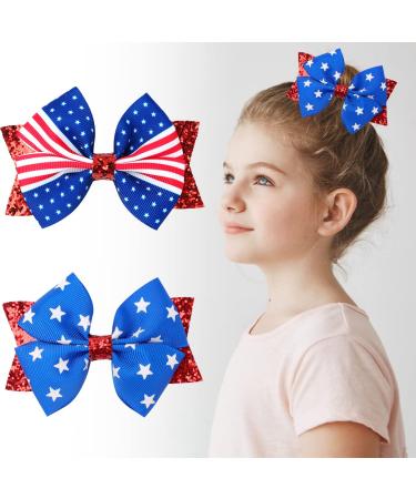Independence Day Hair Clips for Girls Red Glitters Hair Bows Stars and Stripes Hair Pins Fourth of July Memorial Day Holiday Hair Accessories for Women Kids Toddler 2pcs