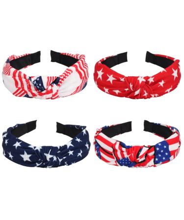 Budsmile 4PCS American Flag Headbands for Women Girls Independence Day 4th of July Red White Blue Patriotic USA Bow Knotted Wide Headband Yoga Hair Band Hair Hoops 4PCS American Flag Headabnds