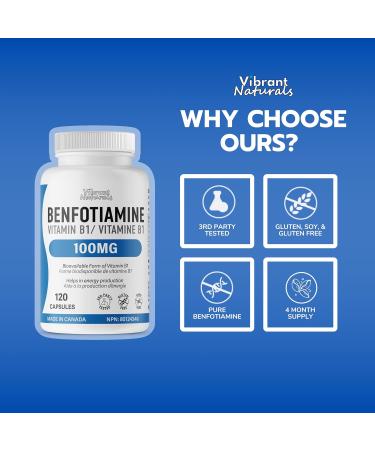 Benfotiamine Vitamin B1-120 Capsules 100mg of High Absorption Vitamin B1 Supports Normal Growth & Energy Production Third Party Tested Gluten Free Vegan Made In Canada by Vibrant Naturals - Buy Online on GoSupps.com