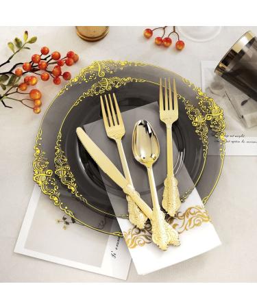 Nervure 175PCS Clear Black & Gold Plastic Plates Set for 25 Guests - Ideal for Parties & Halloween - Buy Online on GoSupps.com