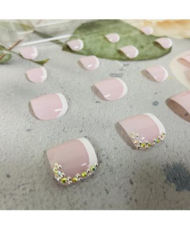 Pink French Tip Press on Toenails with Rhinestone Designs - 24Pcs Square Short False Toe Nails for Women - Acrylic Full Cover Stick on Nails - Summer Fake Toenails - Static Supplies - Buy Online on GoSupps.com