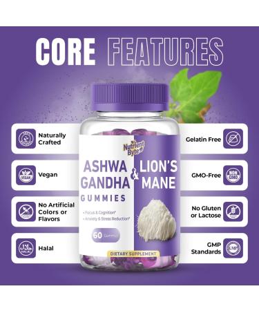Nutrient Byte Lionemane and Asghawanda Gummies Adaptogenic Mushroom Blend with Rhodiola Bacopa & Holy Basil Brain Mood & Immune Support for Adults Cortisol & Stress Relief Vegan 60 Gummies - Buy Online on GoSupps.com