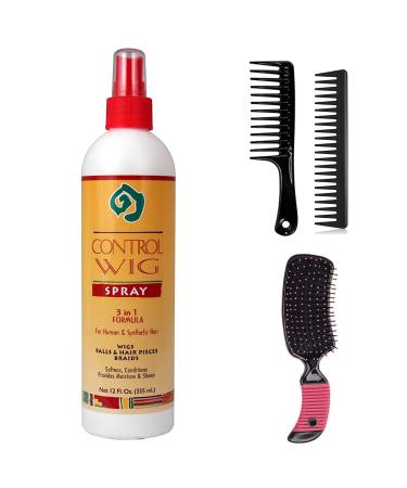 African Essence Control Wig Spray 3 In 1 Formula 12 oz (Including Professional Wig Brush Combo) Wig & Hair Extension Styling Spray & Detangling Brush Kit
