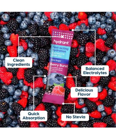 HYDRANT - Hydration Powder Berry Burst Flavor 8 Individual Sugar-Free Instant Electrolyte Rehydration Packets - Zero Sugar Drink Mix for Daily Use Travel & Workouts - Buy Online on GoSupps.com