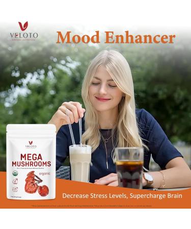 VELOTO Organic Mega Mushroom Powder Blend 10 in 1 Complex Mushroom Extract Powder Herbal Supplement with Reishi Cordyceps Chaga Lion's Mane Vegan & More Sustainably US Grown Filler Free 10oz - Buy Online on GoSupps.com