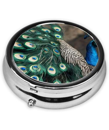 Green Peacock Feather Mini Round Pill Box | 3 Compartment Portable Pill Organizer for Travel & Home - Buy Online on GoSupps.com