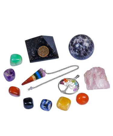 Crystals and Gemstones - 13pcs Crystal Set - Crystal Ball - Worry Stones - Raw Set - Crystals for Beginners - Gemstone Pendulum - Witchcraft Kit - Meditation Accessories 13pcs Healing Kit