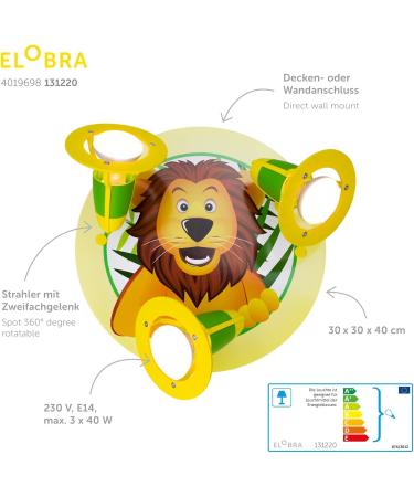Elobra Ceiling Lamp Lion - Kids Animal Lamp for Boys & Girls | 3 Swivel Spots E14 Socket | Green & Yellow Children's Lighting - Buy Online on GoSupps.com