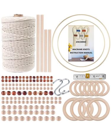 152pcs Macrame Kits for Beginners 3mm x 220yards Natural Cotton Macrame Cord with Wooden Beads Wooden Rings Wooden Sticks Metal Rings Macrame Supplies Best for Macrame Plant Hanger 3mm x 220yards set-152pcs