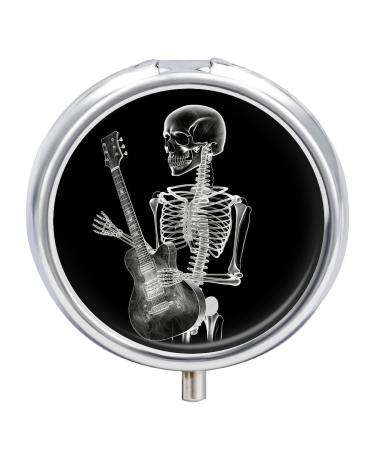 Round Pill Box Abstract X-ray Skull Skeleton Playing Guitar Print 3 Compartment Medicine Pill Case Print Pill Organizer Decorative Metal Portable Pill Box Pocket Pill Box Style