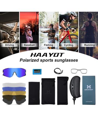 HAAYOT Polarized Cycling Sunglasses for Men Women - 5 Interchangeable Lenses - Black Frame & Blue Lens - Buy Online on GoSupps.com