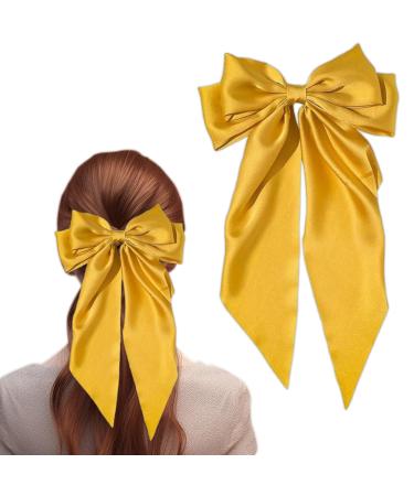 ZhongShuang Yellow Hair Bow Yellow Big Hair Bows for Women Solid Color Bow Hair Clips with Long Ribbon French Barrette Clip Soft Satin Silky Hair Bows Cute Gifts for Women Girls