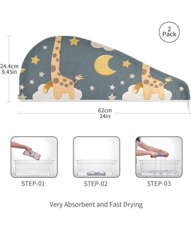 Giraffe Moons Stars Hair Towel 2 Pack - Super Absorbent Quick Dry Hair Turbans for Women & Girls | Perfect Hair Drying Solution - Buy Online on GoSupps.com