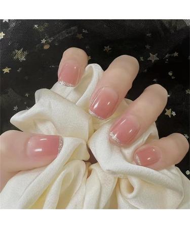 Press on Nails Short Fake Nails 24Pcs Shiny Pink False fingernail with Self-Adhesive Jelly Nail Glue Tabs Press On False Nails