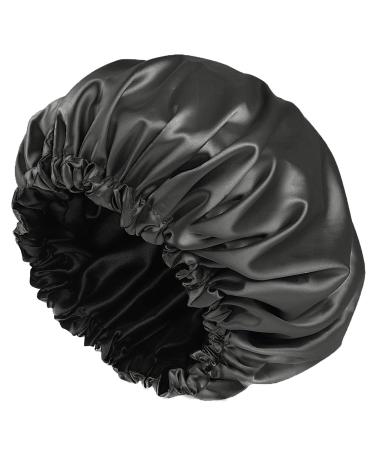 Amamba Shower Caps  Silk Lined Shower Cap for Women Reusable Adjustable Size  Washable & Waterproof Large Satin Shower Cap-Black