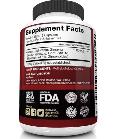 Nutrivein Korean Red Panax Ginseng 1600mg - 120 Vegan Capsules - High Strength, 5% Ginsenosides - Energy, Potency, Strength, Vigor and Focus Supplement - Buy Online on GoSupps.com