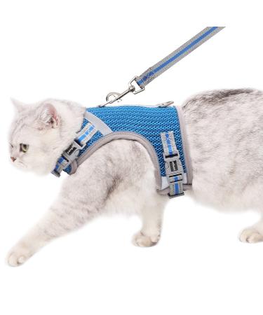 pangdi Cat Harness and Leash Escape Proof Double Protection Fully Adjustable Sturdy Soft Mesh with Reflective Strips for Walking and Traveling Blue Large