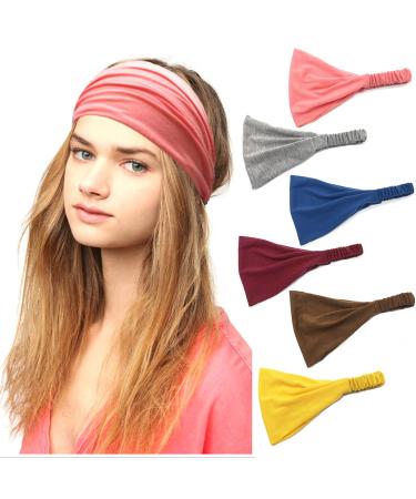 Boho Headband Cloth Hair Band Fashion Single Color Wide Bandana Headband Elastic Hair band (6PCS-A)