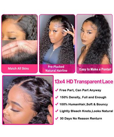 Water Wave 13x4 HD Transparent Lace Front Human Hair Wig 22 Inch Natural Black Color - Brazilian Virgin Hair, Pre Plucked with Baby Hair - 180% Density for Women - Buy Online on GoSupps.com