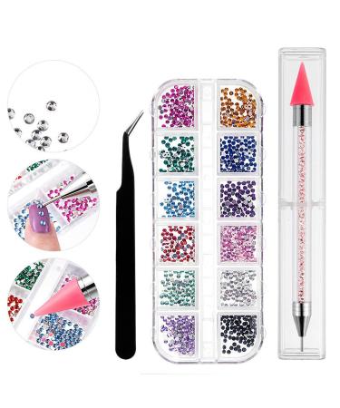 Nail Gems 12 Kinds of Flat Back Gems with Pick Up Tweezer and Rhinestone Picker Dotting Pen Nail Art Tools for Nails Clothes Face Craft Shoes Bag DIY
