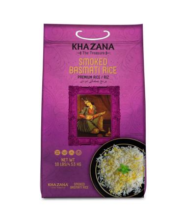 Khazana Premium Smoked Basmati Rice - 10lb Resealable Ziploc Bag | NON-GMO, Gluten-Free, Kosher & Cholesterol Free | Aged Aromatic, Flavorful, Authentic Grain From India 10 Pound (Pack of 1)
