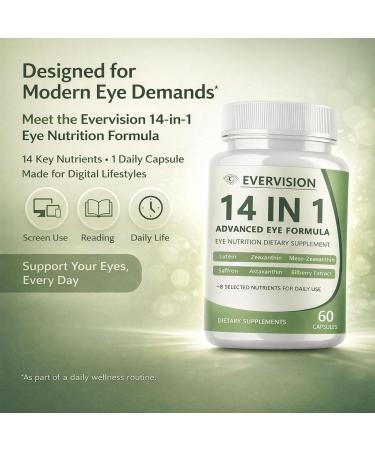 Evervision 14-in-1 Advanced Eye Formula Daily Eye Nutrition Supplement with Lutein Zeaxanthin Saffron & Bilberry Extract Eye Health Support for Adults 60 Capsules (2) - Buy Online on GoSupps.com