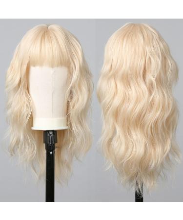 Allbell Long Wavy Blonde Wigs for Women Platinum Blonde Wigs with Bangs Heat Resistant Natural Synthetic Hair Replacement