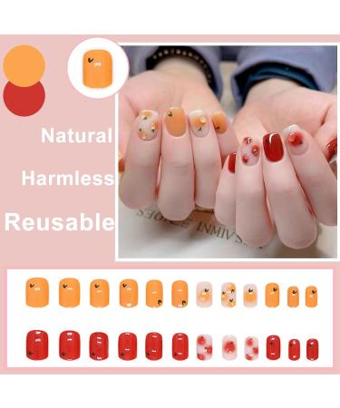 24-Piece Red Orange French Press-On Nails | Full Cover Acrylic Fingernails with Nail Glue Stickers | Heart Design for Women & Girls Nail Art - Buy Online on GoSupps.com