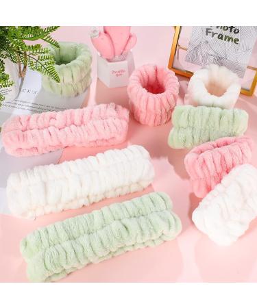 Willbond 9-Piece Spa Headband and Wrist Washband Set for Women and Girls - Coral Fleece Facial Makeup Headband, Elastic Hair Band, and Face Wash Set in Green, Pink, and White - Buy Online on GoSupps.com