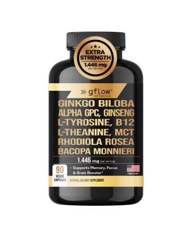 gflow vitamins Ginkgo Biloba Alpha GPC Supplement with Panax Ginseng L Tyrosine with L Theanine Bacopa monnieri Rhodiola Rosea Phosphatidylserine B12 MCT DMAE - Complex | Made in USA