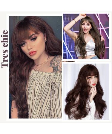 AMZCOS Long Wavy Brown Wig with Bangs for Women | Heat Resistant Synthetic Hair | Daily Wear Wig (Brown) - Buy Online on GoSupps.com