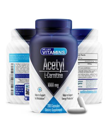 Acetyl L-Carnitine 1000mg (per Serving, 100 Servings) 200 Capsules - 100 Day Supply - Acetyl l carnitine Supplement 200 Count (Pack of 1)