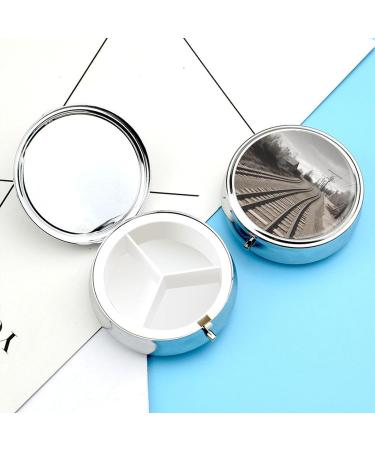 Train Track Print Round Pill Box | 3 Compartment Metal Pill Organizer | Portable Decorative Pocket Pill Case - Style 11 - Buy Online on GoSupps.com