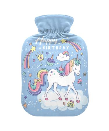 Birthday Magical Unicorn with Clouds Hot Water Bottle with Cover Soft Warm for Winter Bed Hand Neck and Shoulders 1L