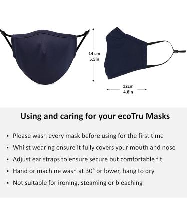 ecotru UK 4 Pack Reusable Cotton Face Masks 2 Navy Blue 2 Black Mask with Nose Wire for Glass Wearers 3-Ply Washable & Breathable Fabric with Filter Pocket & Adjustable Loops - Buy Online on GoSupps.com