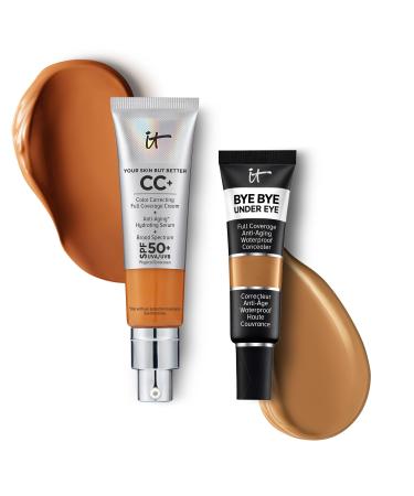 IT Cosmetics CC+ Cream with SPF 50+ Natural Finish Full Coverage Foundation (Rich - 1.08 fl oz) & Bye Bye Undereye Concealer Anti-Aging Makeup (35.0 Rich Amber - 0.4 fl oz)