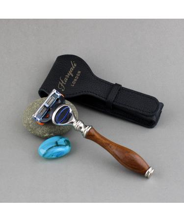 Razor for men made of wood with 5 edges Compatible men's razor & leather bag for safety suitable for wet shaving - gift for men