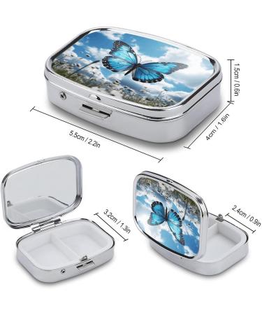 Blue Butterfly & Clouds Pill Box - 2 Compartment Decorative Metal Pill Organizer | Portable Pocket & Purse Medication Case - Buy Online on GoSupps.com