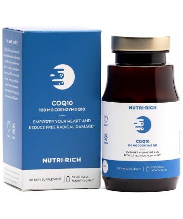 Nutri-Rich CoQ10 HIGH Potency 100mg coenzyme Q10 Ubiquinone Antioxidant for Heart Health & Cellular Energy Naturally Fermented for Aging & Statin Usage 3 Month Supply (90 Softgels)