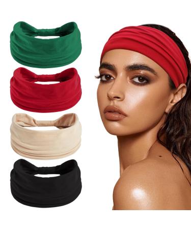 4 pieces of headband women elastic wide fashion hair band hair jewelry soft boho hair bands leopard print hair bands for women (green red beige black)