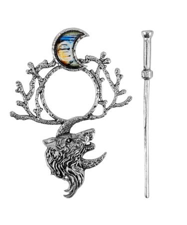 Viking Wolf Moon Hairpins Clips Vintage Shawl Knot Hair Sticks Retro Silver Alloy Viking Hair Barrette Jewelry Accessories for Women Girls Birthday
